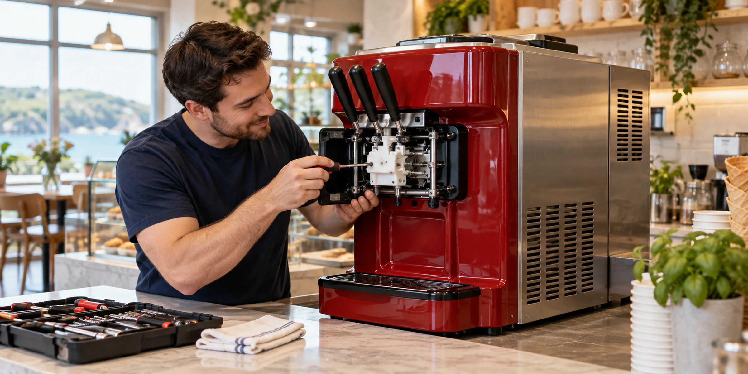 Service engineer adjusting the dispensing head of a soft-serve machine in a café