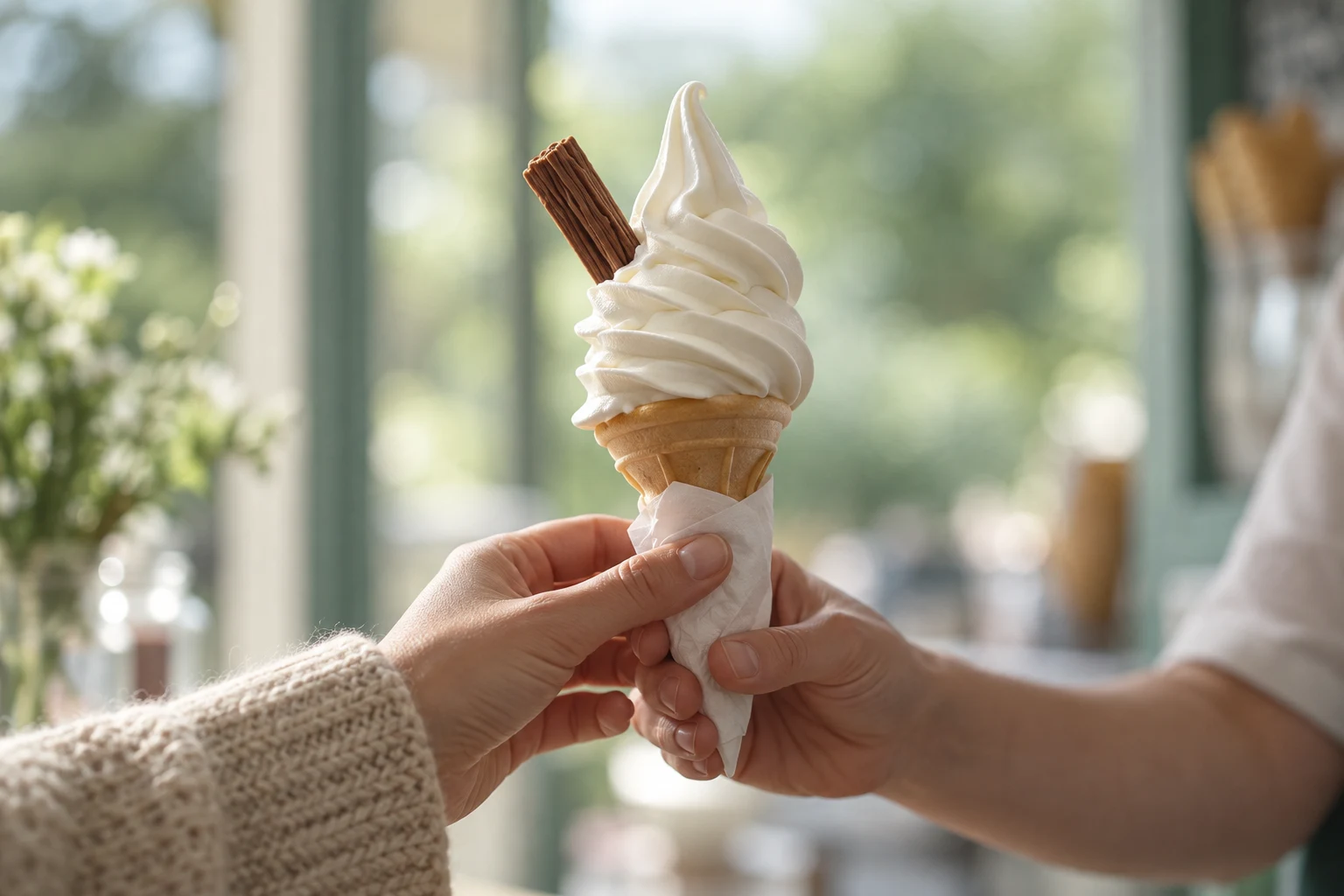 A vanilla soft-serve cone with a chocolate flake handed over a shop counter