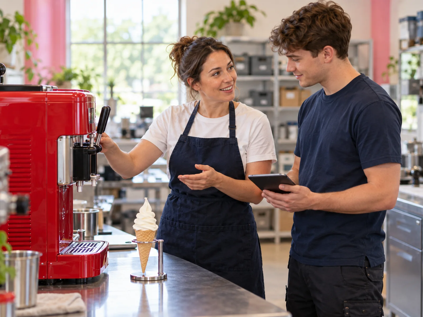 A Dairyglen trainer showing a new engineer a red soft-serve machine in the workshop