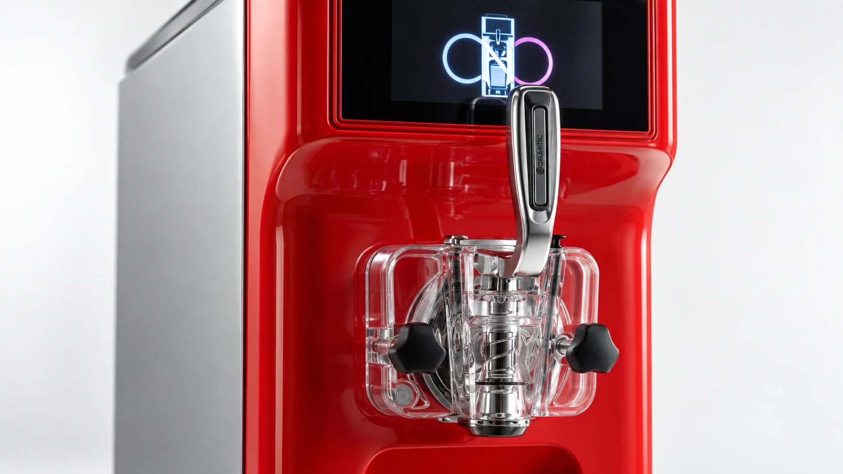 Close-up of the Giotto’s polished lever and transparent dispensing head