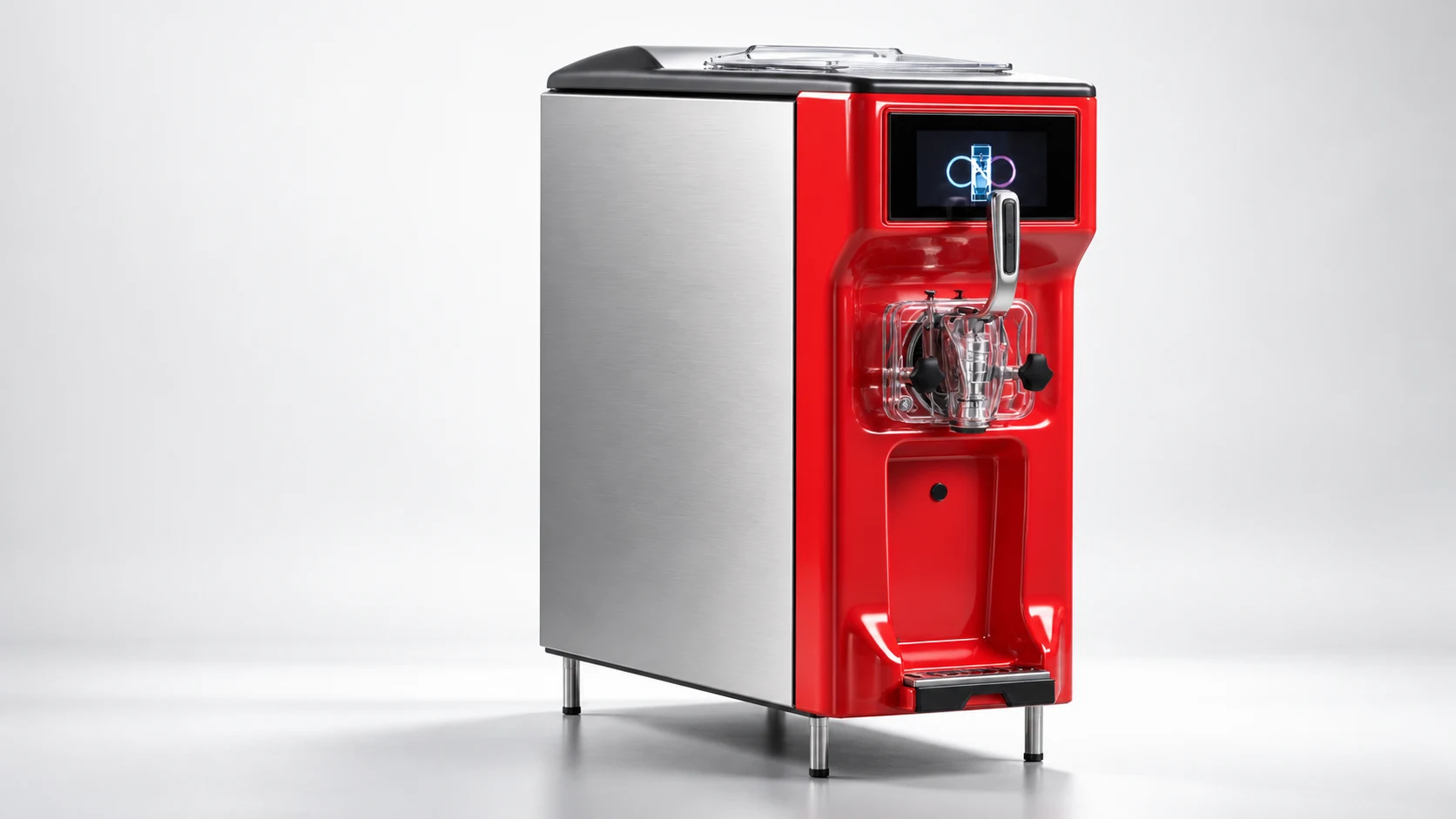 Full Giotto red soft-serve machine from the opposite front angle
