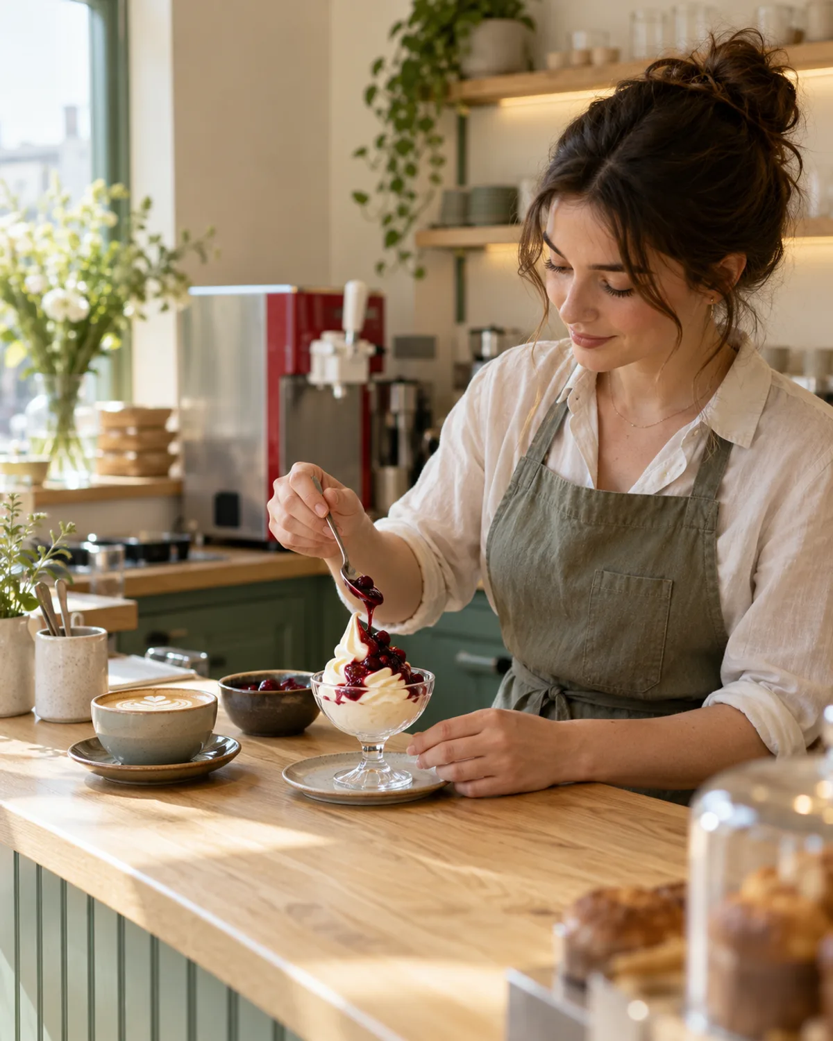 Café barista finishing a soft-serve sundae with berry sauce next to a flat white