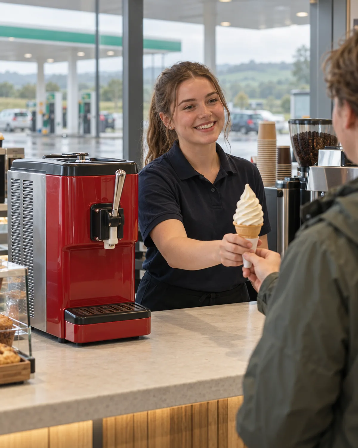 Forecourt shop assistant handing a soft-serve cone to a customer beside a red countertop machine