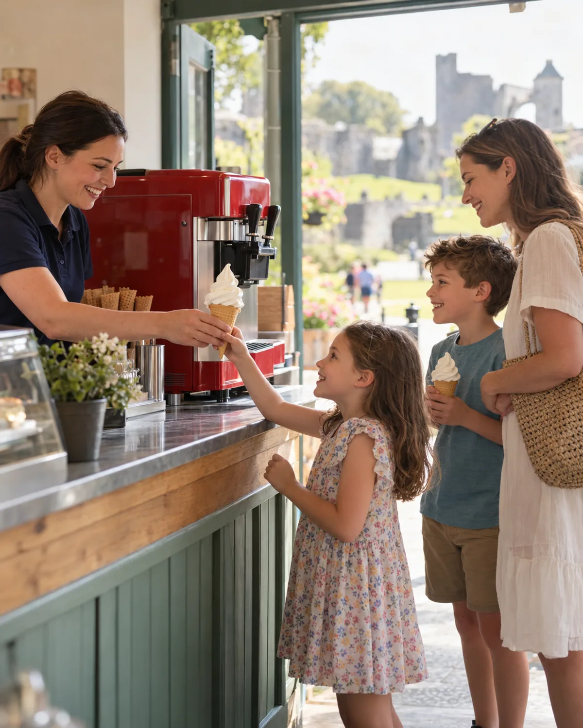 Family collecting soft-serve cones at a visitor attraction kiosk