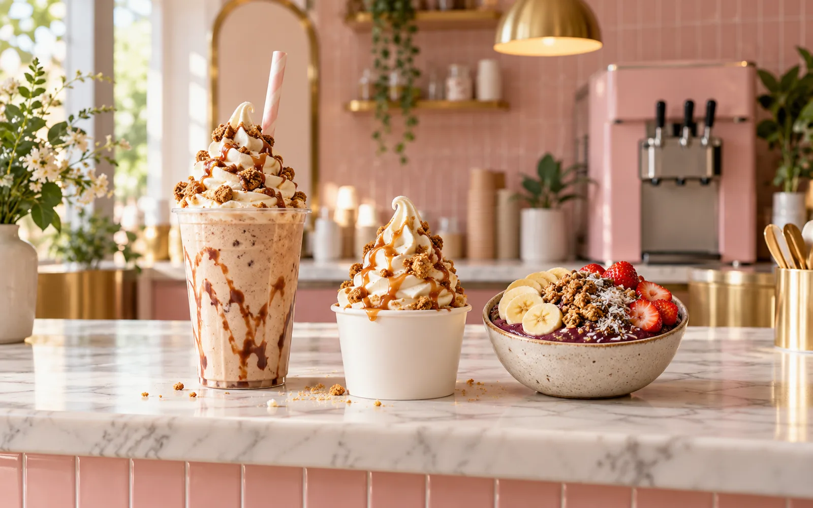 A milkshake, a biscuit sundae and an açaí bowl on a pink dessert bar counter