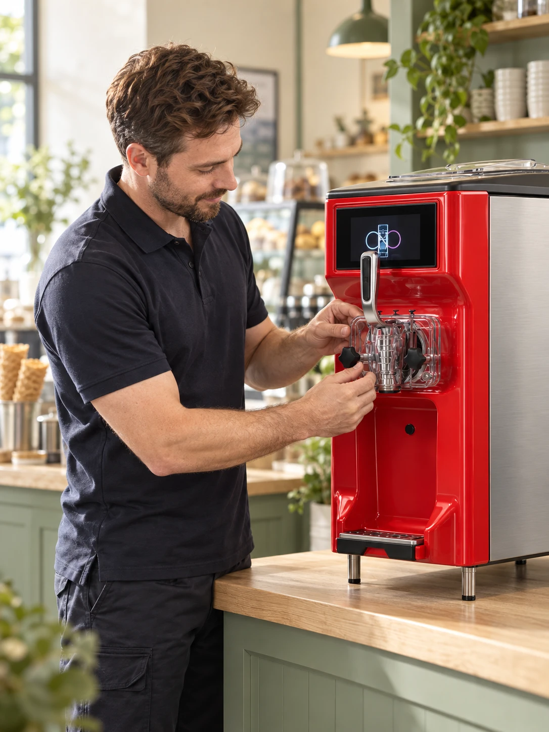 Technician carefully checking a Giotto machine in a sunlit café